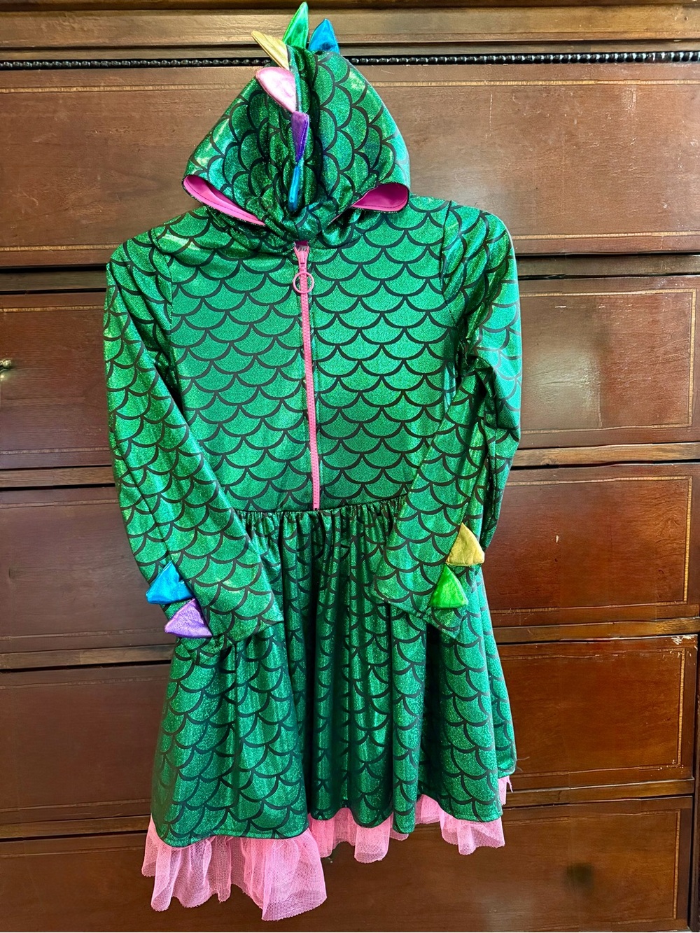 Kids Green Dragon Scale Hooded Halloween Dress with Pink tulle layer
